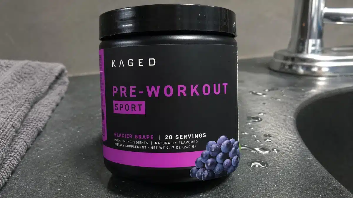 AI product-style photo of Kaged Pre-Workout Sport Glacier Grape for best pre workout