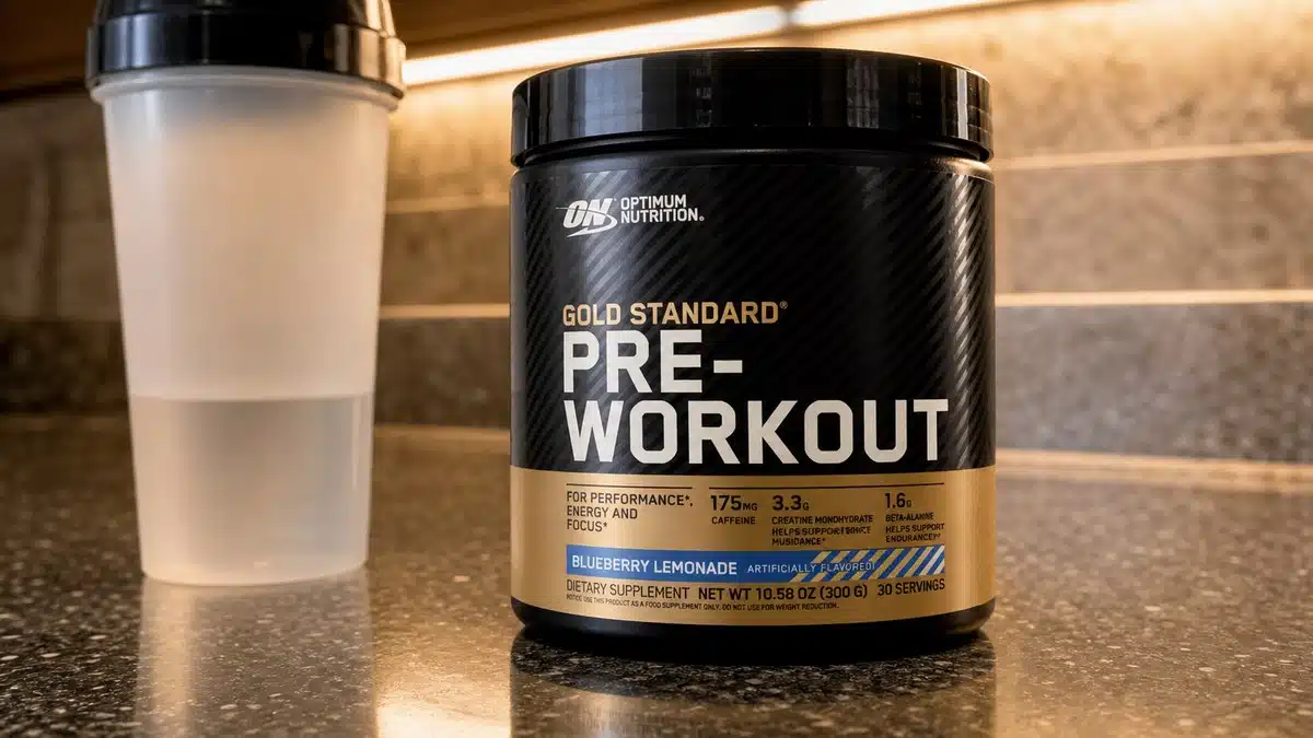 AI product-style photo of Optimum Nutrition Gold Standard Pre-Workout Blueberry Lemonade for best pre workout