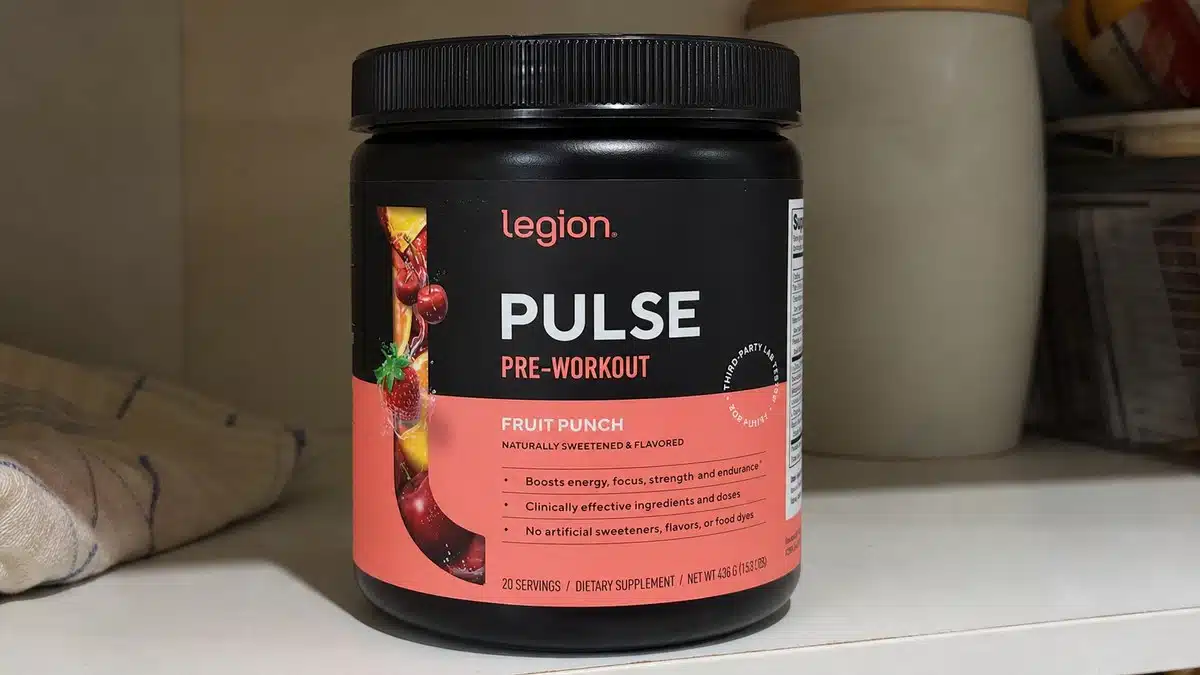 AI product-style photo of Legion Pulse Fruit Punch for best pre workout