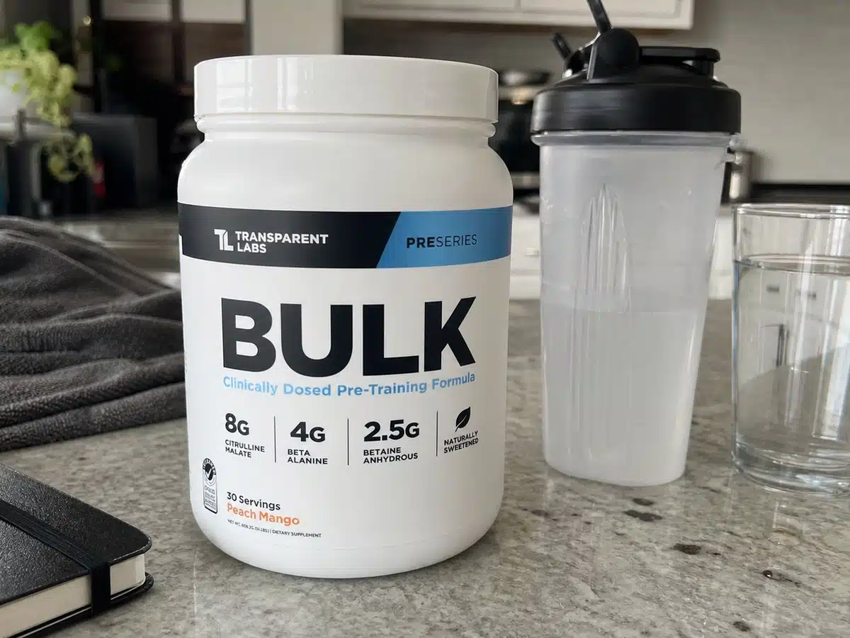 Transparent Labs BULK pre-workout with shaker and water for best pre workout