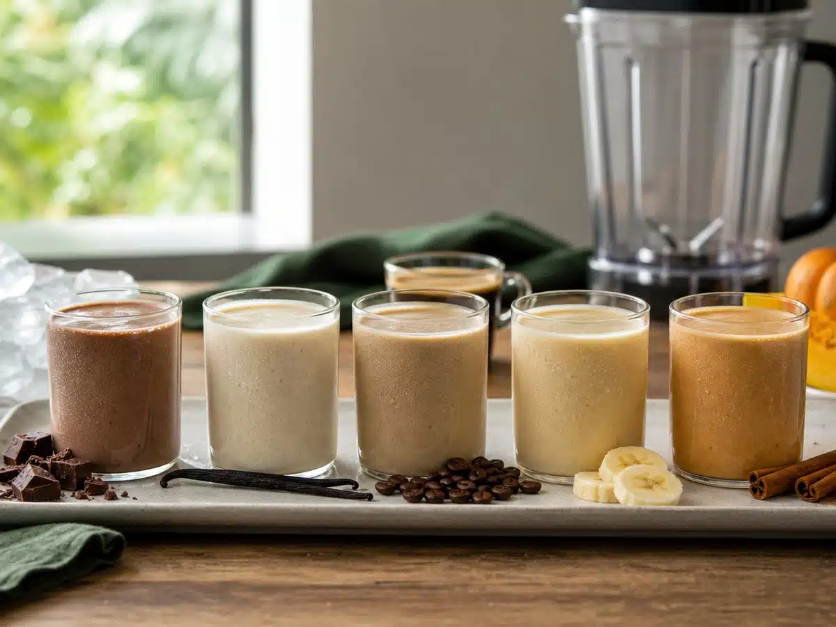 Chocolate, vanilla, coffee, banana, and pumpkin spice shakes in a best Premier Protein flavors comparison