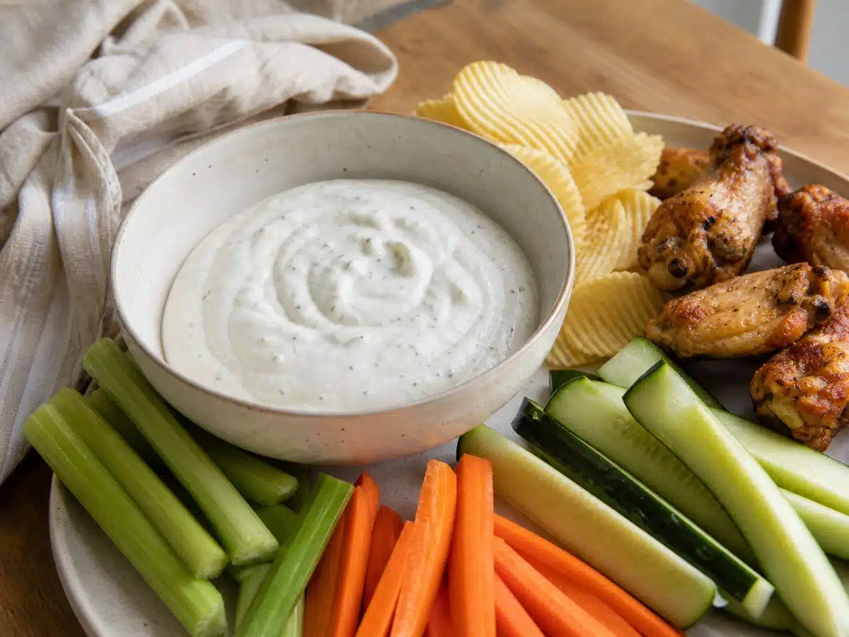 Thick ranch dip with celery, carrots, cucumber, ridged chips, and chicken wings
