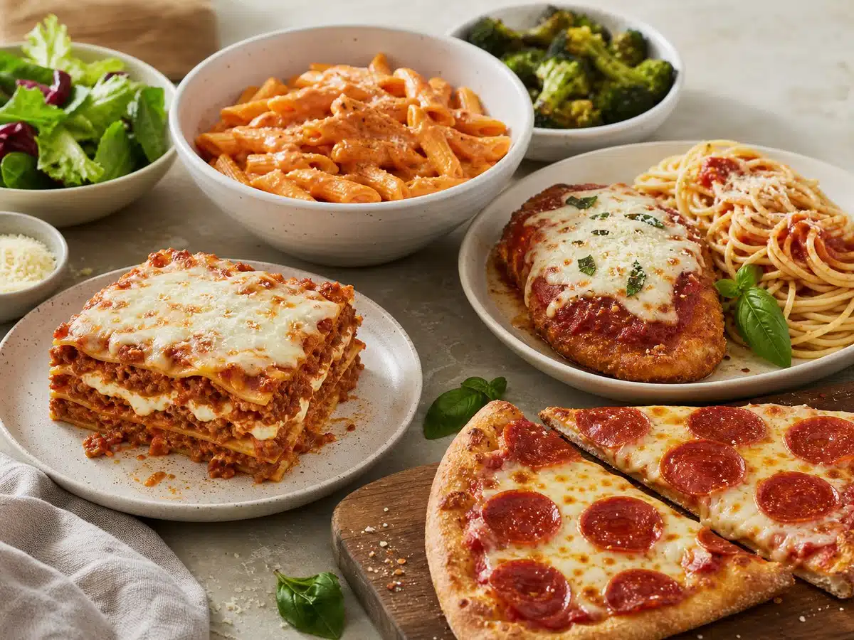 Italian frozen meal formats with meat lasagna, penne vodka, chicken parmesan, spaghetti, and pizza