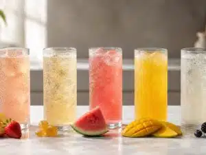 Five cold sparkling drinks representing the best Red Bull flavor profiles