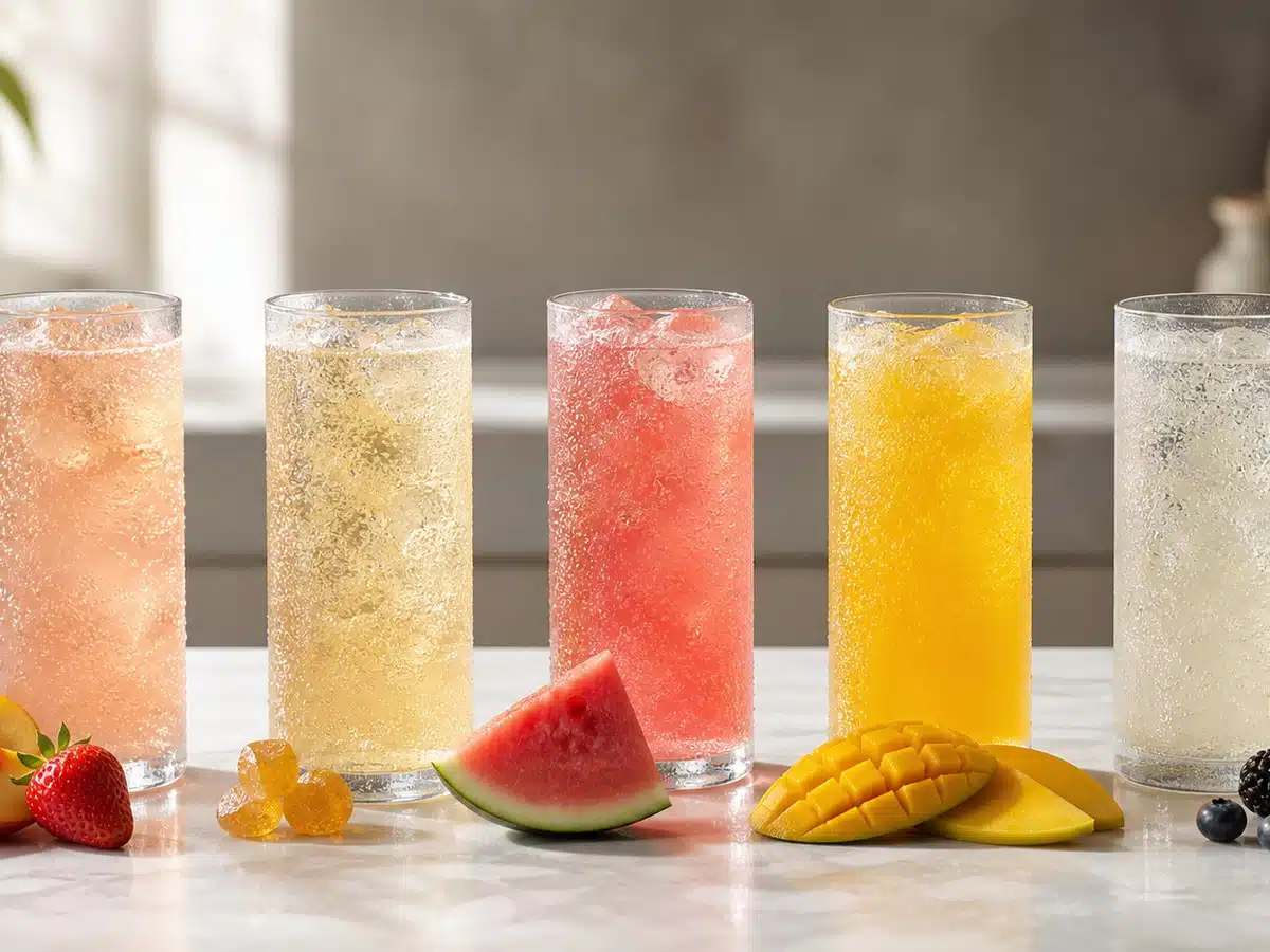 Five cold sparkling drinks representing the best Red Bull flavor profiles