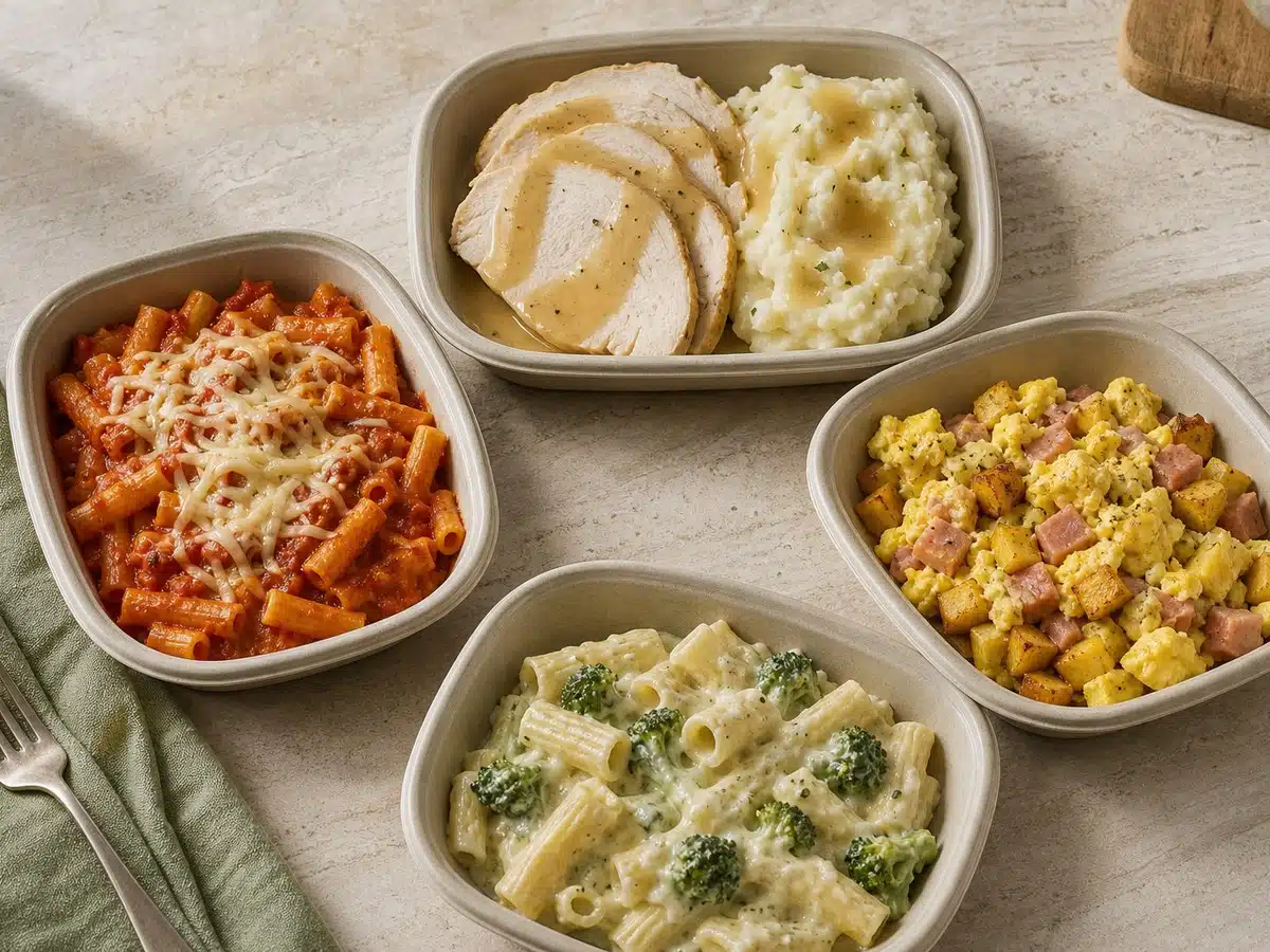 Four unbranded Smart Ones-style frozen meal options arranged for comparison: turkey and mashed potatoes, ziti marinara, ham and egg scramble, and creamy broccoli rigatoni