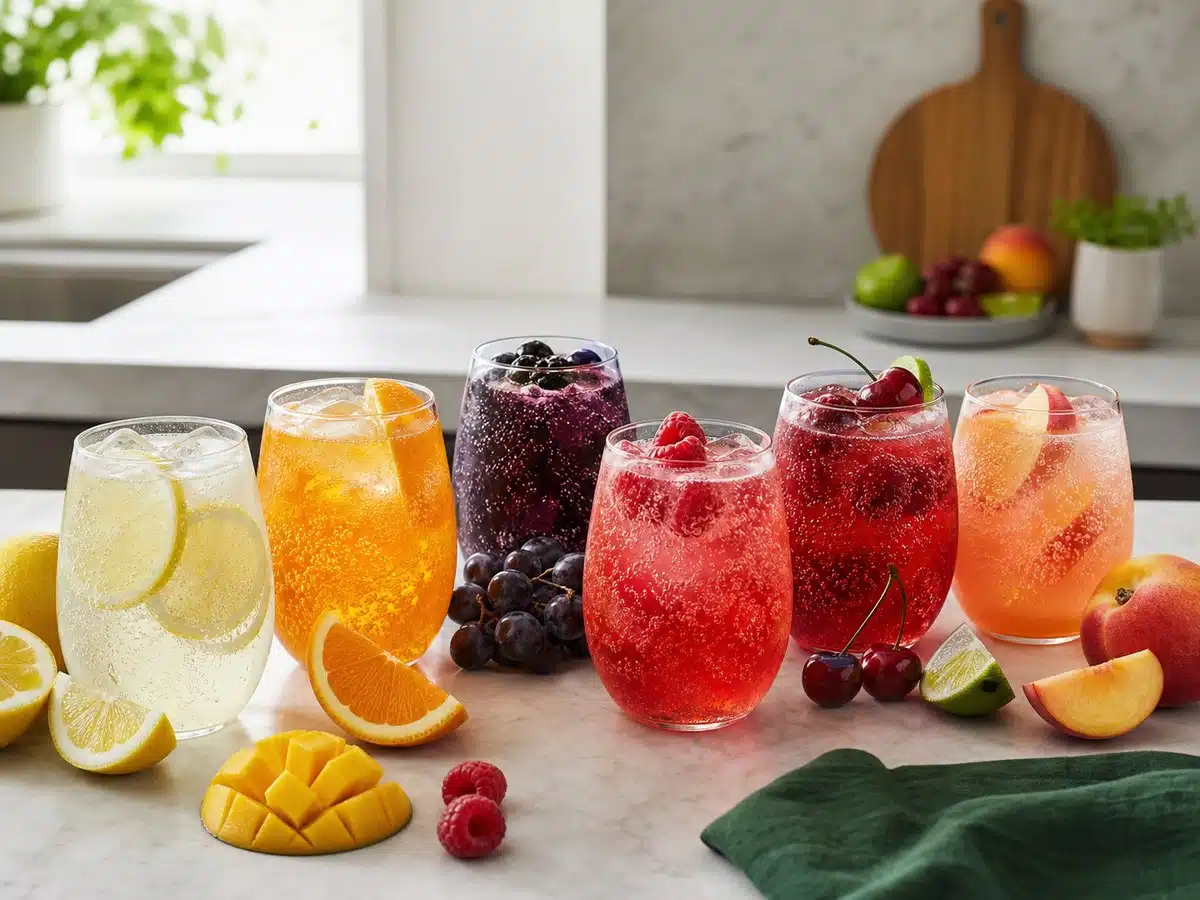 Six colorful glasses of sparkling fruit water with lemon, orange, mango, berries, cherry, lime, and peach