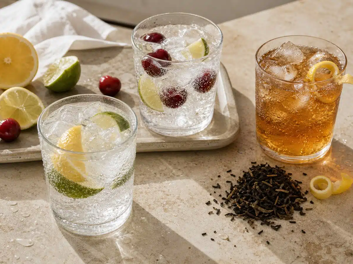 Three unbranded fizzy drinks representing original lemon-lime, cherry-lime, and tea-style Sprite flavor directions
