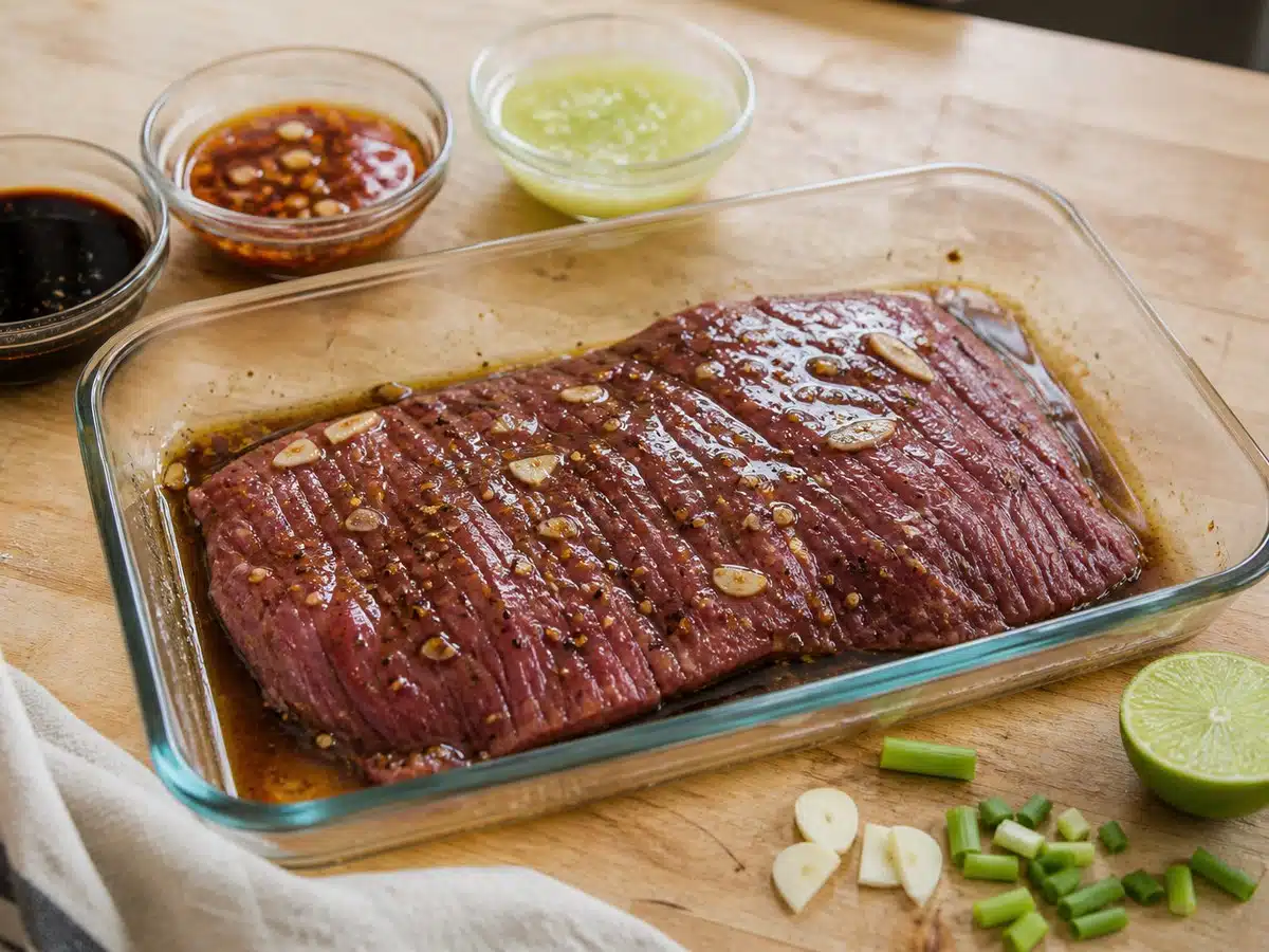 Raw flank steak in a glass dish with three unbranded steak marinade styles, garlic, scallions, and lime