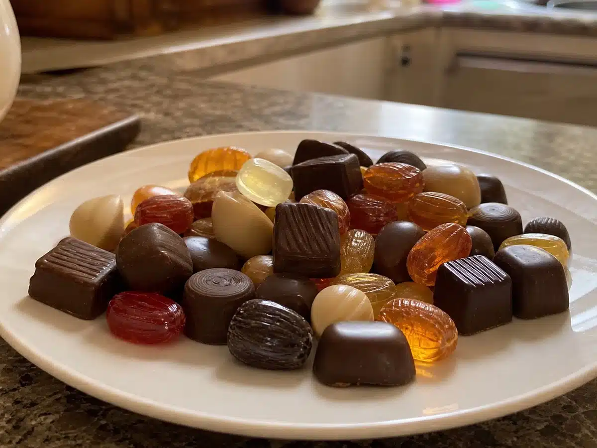 Best sugar free candy: an assortment of unwrapped chocolate and hard candies on a plate