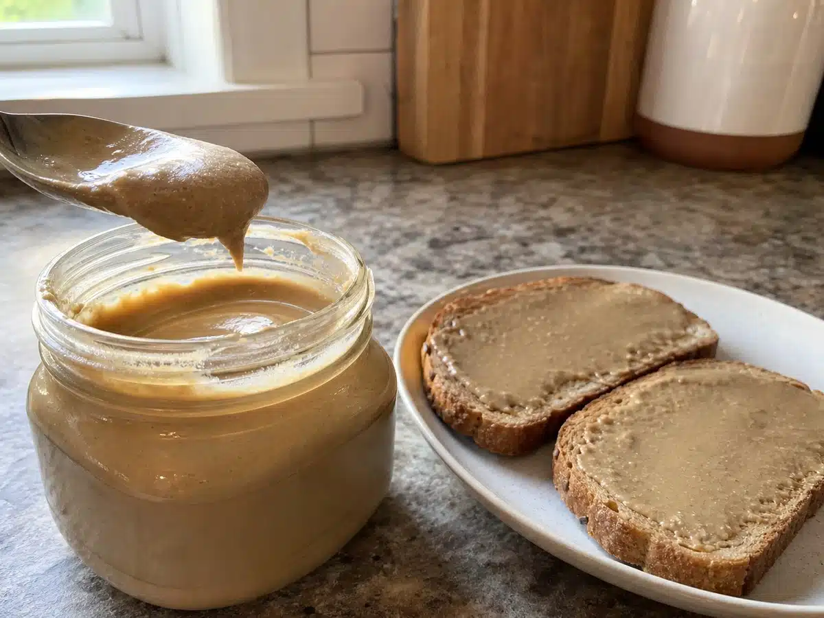 Best sunflower butter: a jar of creamy sunflower seed butter with a spoonful and toast