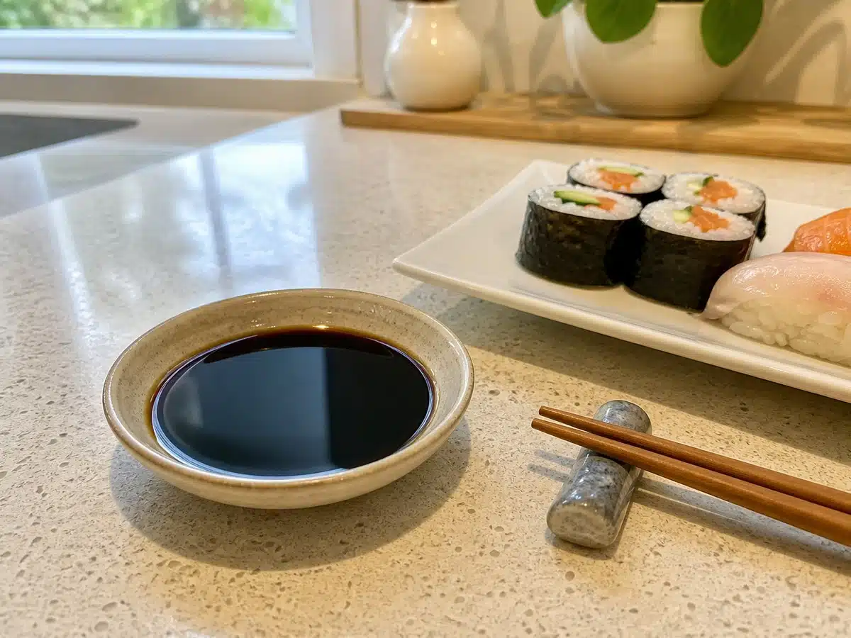 Best tamari sauce: a dish of dark tamari beside sushi and chopsticks