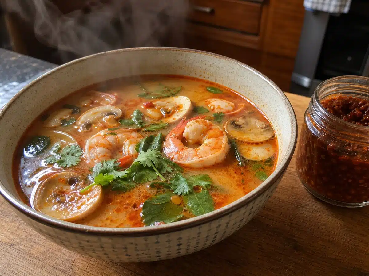 Best tom yum paste: a bowl of spicy tom yum soup with shrimp, mushrooms and herbs