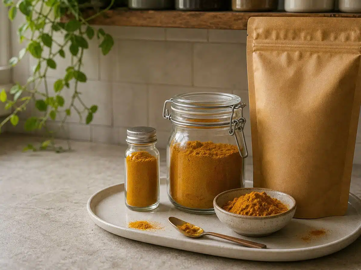 Small turmeric jar, working jar, and refill pouch arranged by size