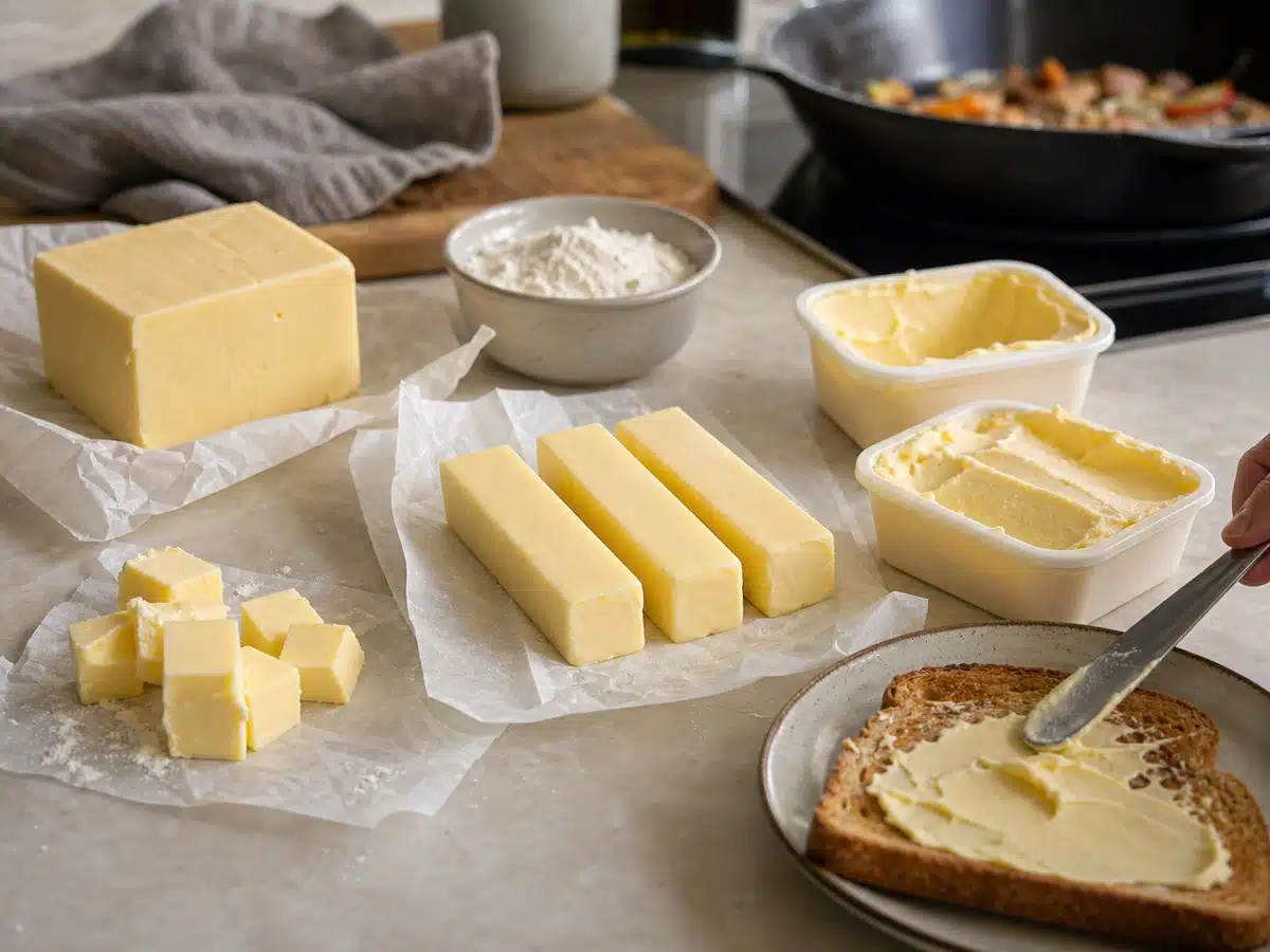 Vegan butter shown as an unbranded block, sticks, cold cubes, and soft tubs beside toast and flour