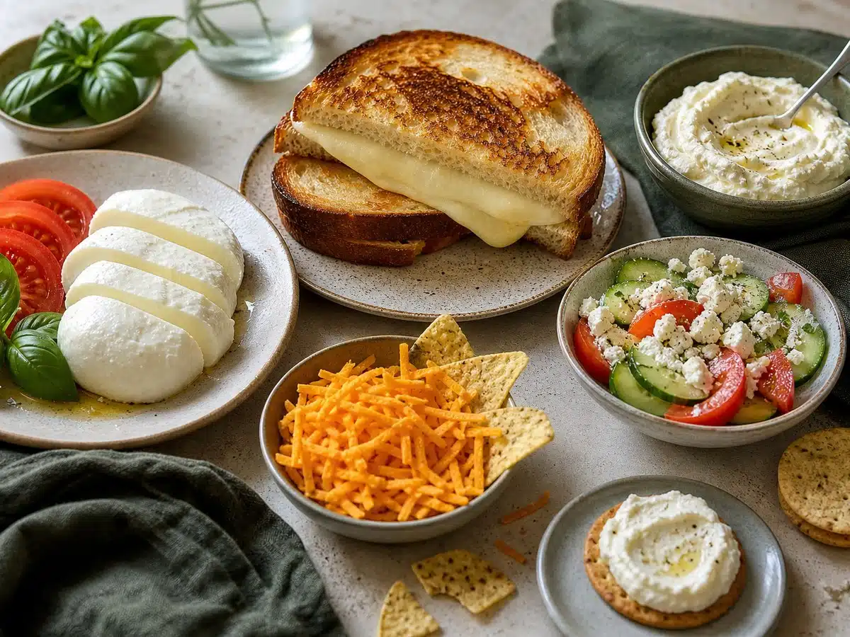Vegan cheese assortment with mozzarella, grilled sandwich, shreds, ricotta, feta salad, and soft spread