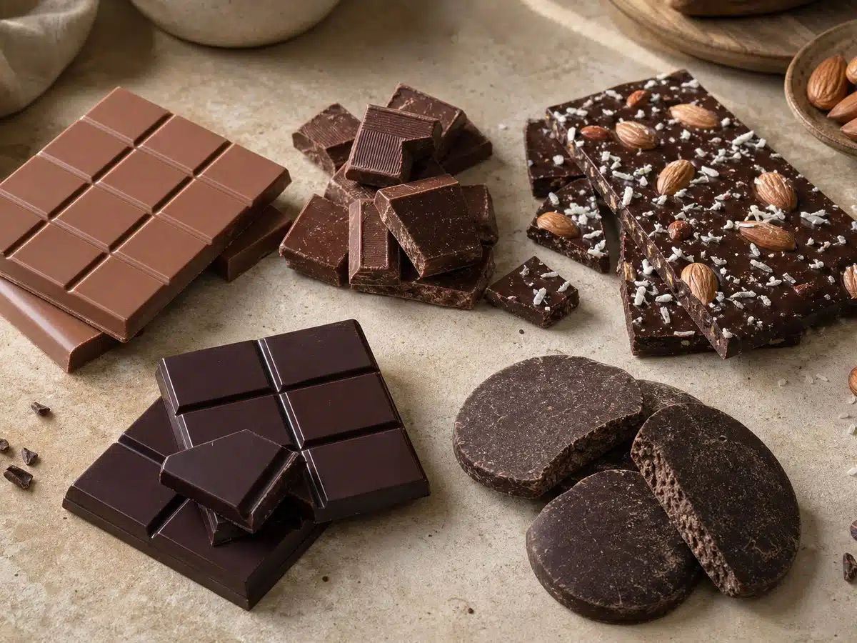 Unbranded vegan chocolate textures from smooth milk-style squares to dark bars and stone-ground discs