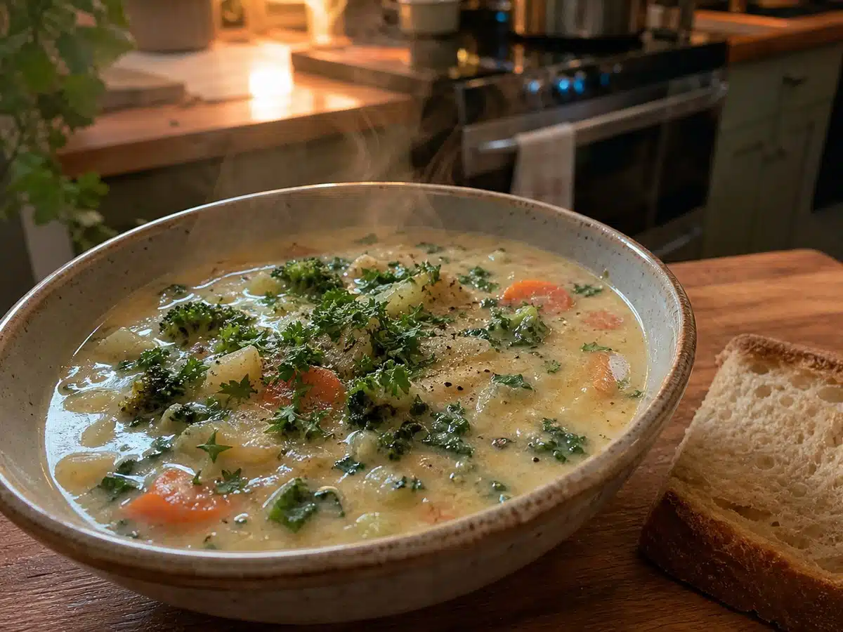 Best vegan soup: a bowl of creamy vegetable soup with herbs and crusty bread