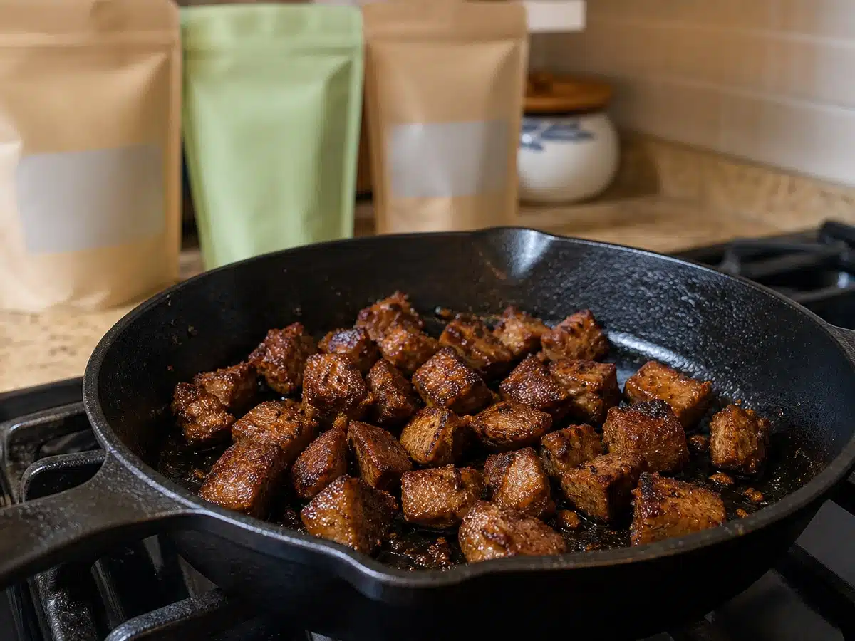 Seared plant-based steak tips in a cast iron skillet on a home stovetop