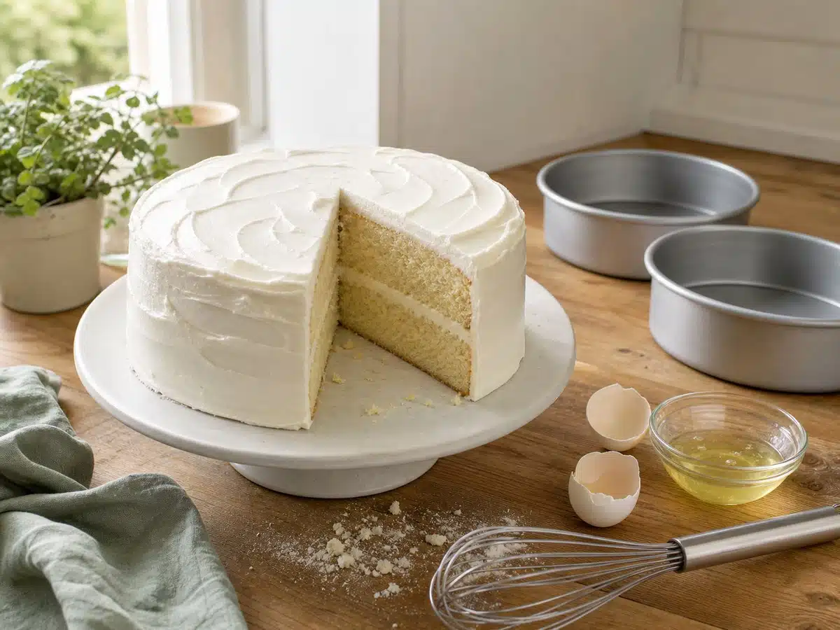 White layer cake with a pale crumb, egg whites, whisk, and cake pans for the best white cake mix