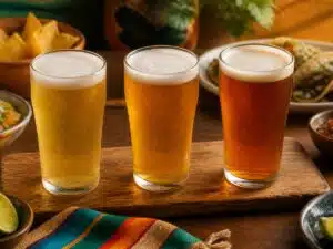 Three unlabeled Mexican-style lagers ranging from pale gold to amber with tacos, salsa, and lime